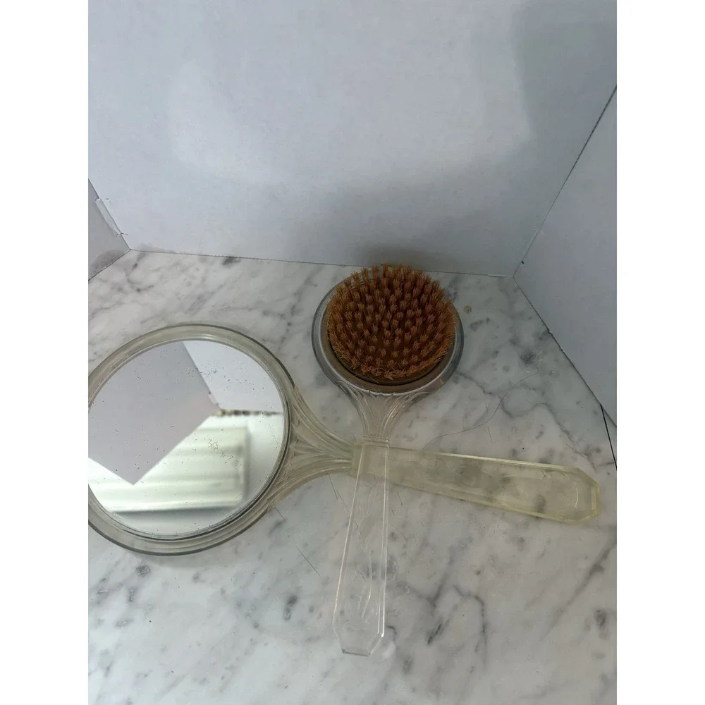 Vtg Early 20th Century Lucite Hand Held Mirror Brush Floral Bouquet Medallian - Picture 5 of 8